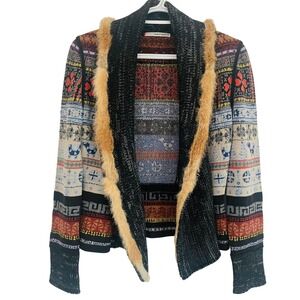 Aldo Martins Fair Isle‎ Geometric Real Fur Trim Open Cardigan Sweater Size 4 XS